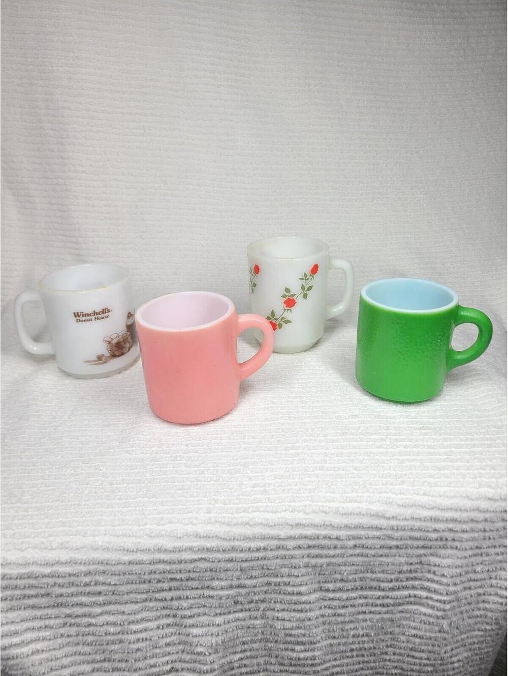 4 Milk Glass Mugs Fire King Mismatch Set Winchell's Rose Vine Hazel Atlas Lime